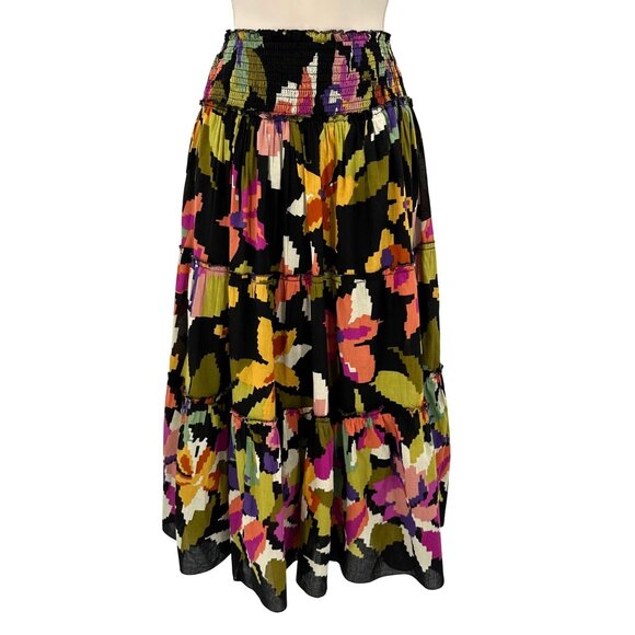 Chaudry Womens Black Multi Colored Lightweight Floral Tiered Midi Skirt Size M - Picture 2 of 10